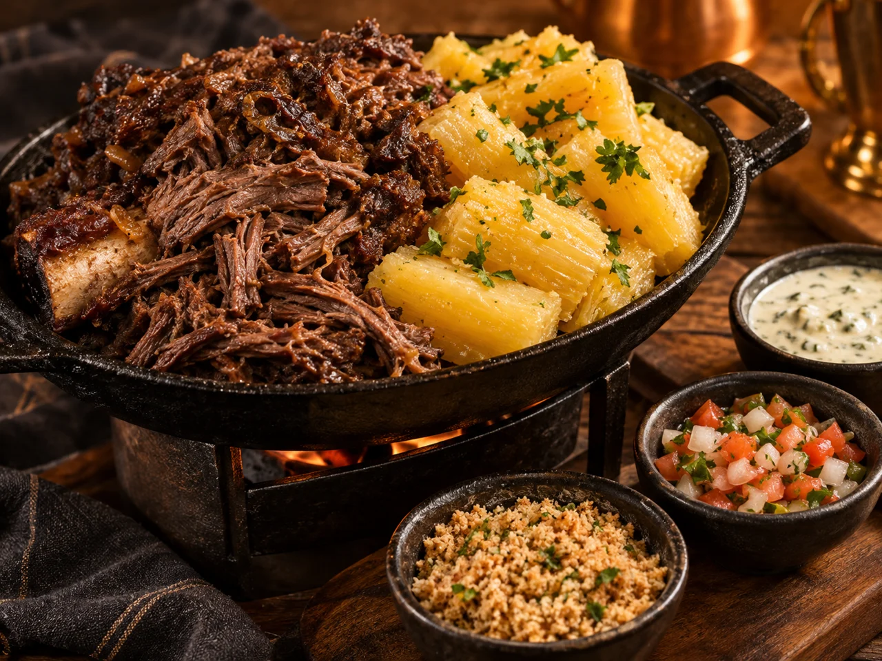 Costela desfiada com mandioca, farofa, vinagrete e molho de alho