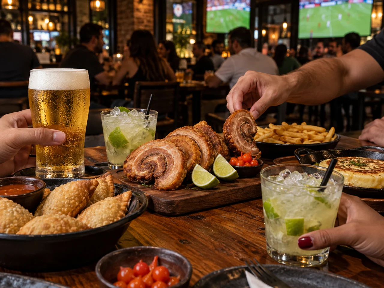 Mesa de happy hour com torresmo, pastéis, cerveja e caipirinhas