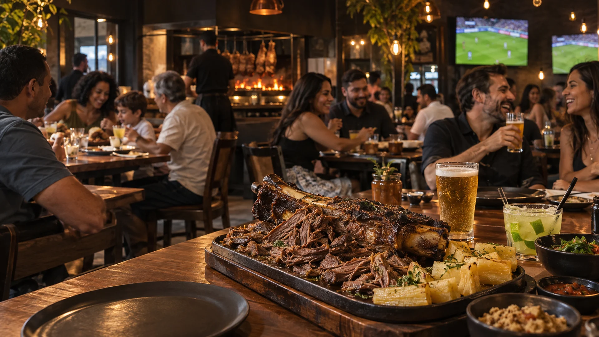 Mesa com costela, mandioca e bebidas em ambiente de restaurante com esporte ao vivo